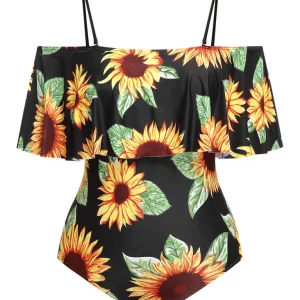 Black Sunflower Cold-Shoulder Swimsuit