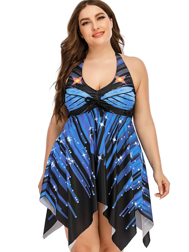 Blue Halter Skirted One-Piece Swimsuit