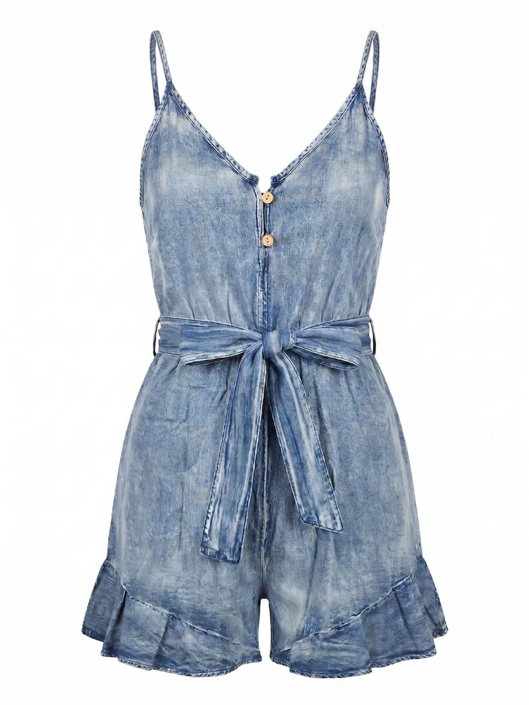 Denim Buttoned Tie-Waist Ruffle Romper