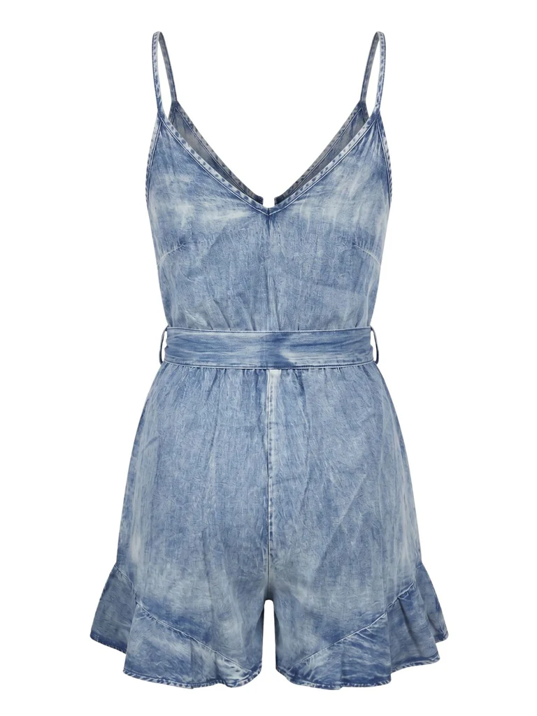 Denim Buttoned Tie-Waist Ruffle Romper - Image 2