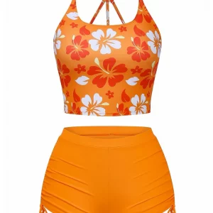Orange Floral Backless Bikini Set