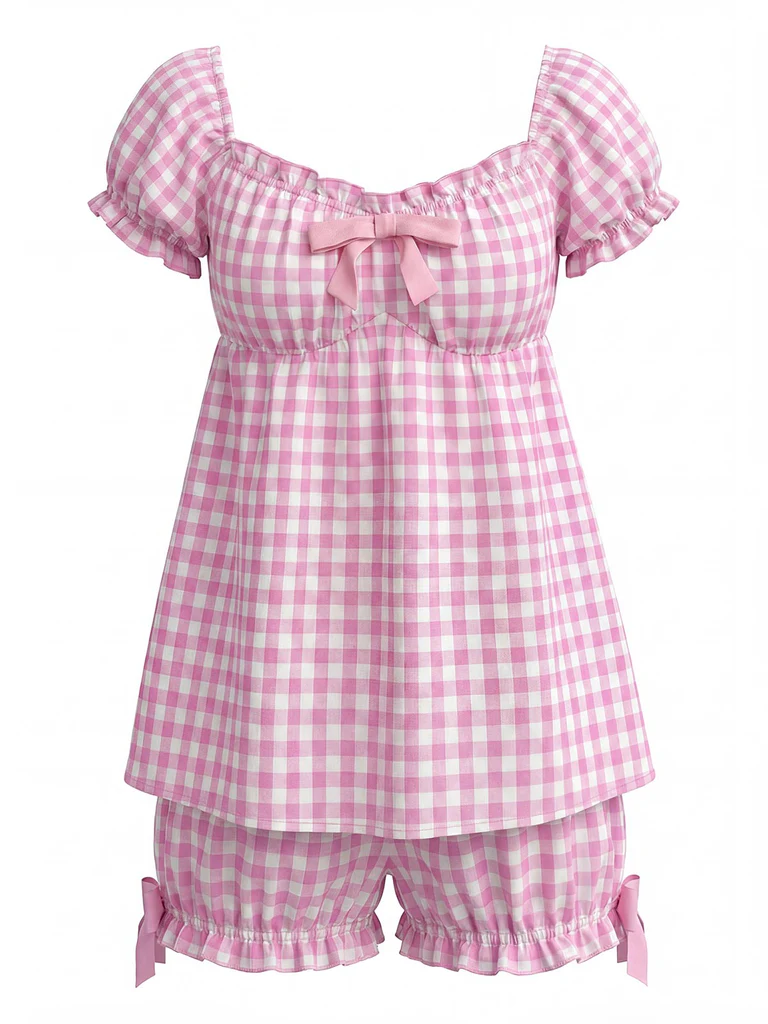 Pink Bow Gingham Ruffle Pajama Set