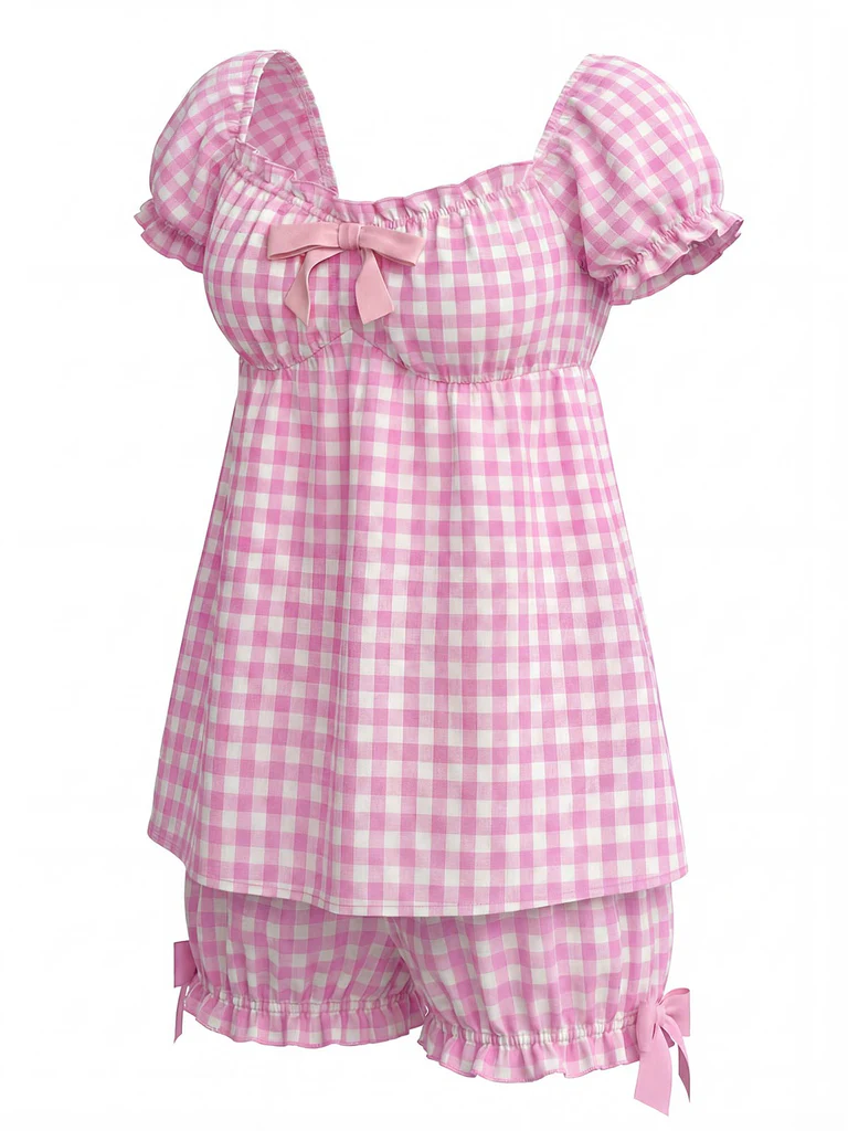 Pink Bow Gingham Ruffle Pajama Set - Image 8