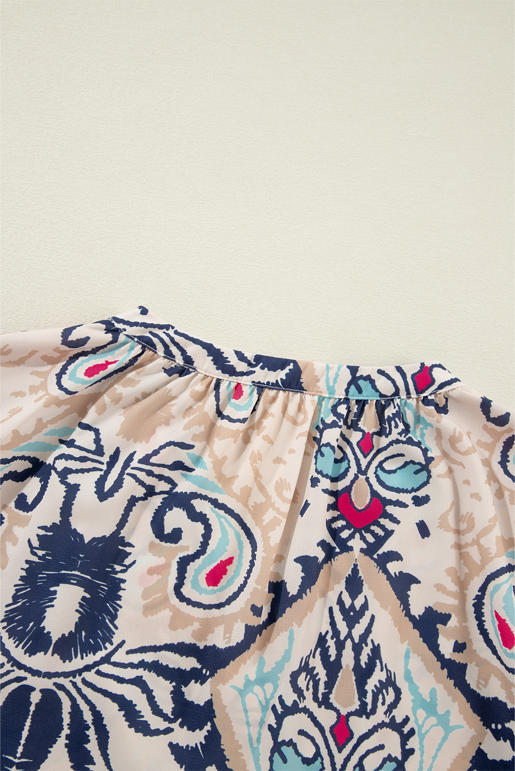 White Abstract Printed Notched V Neck Split Half Sleeve Blouse - Image 5
