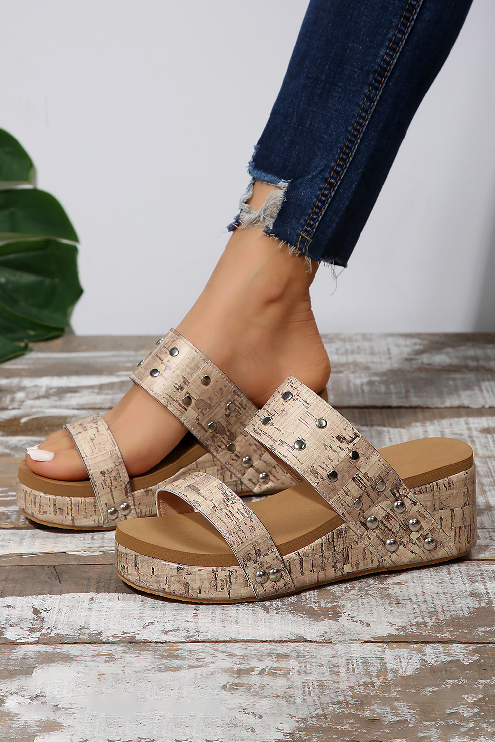Camel Rivet Double Straps Wedge Slippers - Image 7
