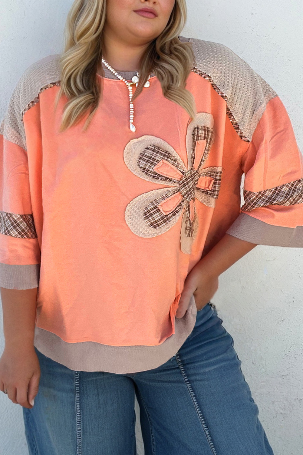 Grapefruit Orange Plaid Flower Waffle Patched Plus Size 3/4 Sleeve Top - Image 8