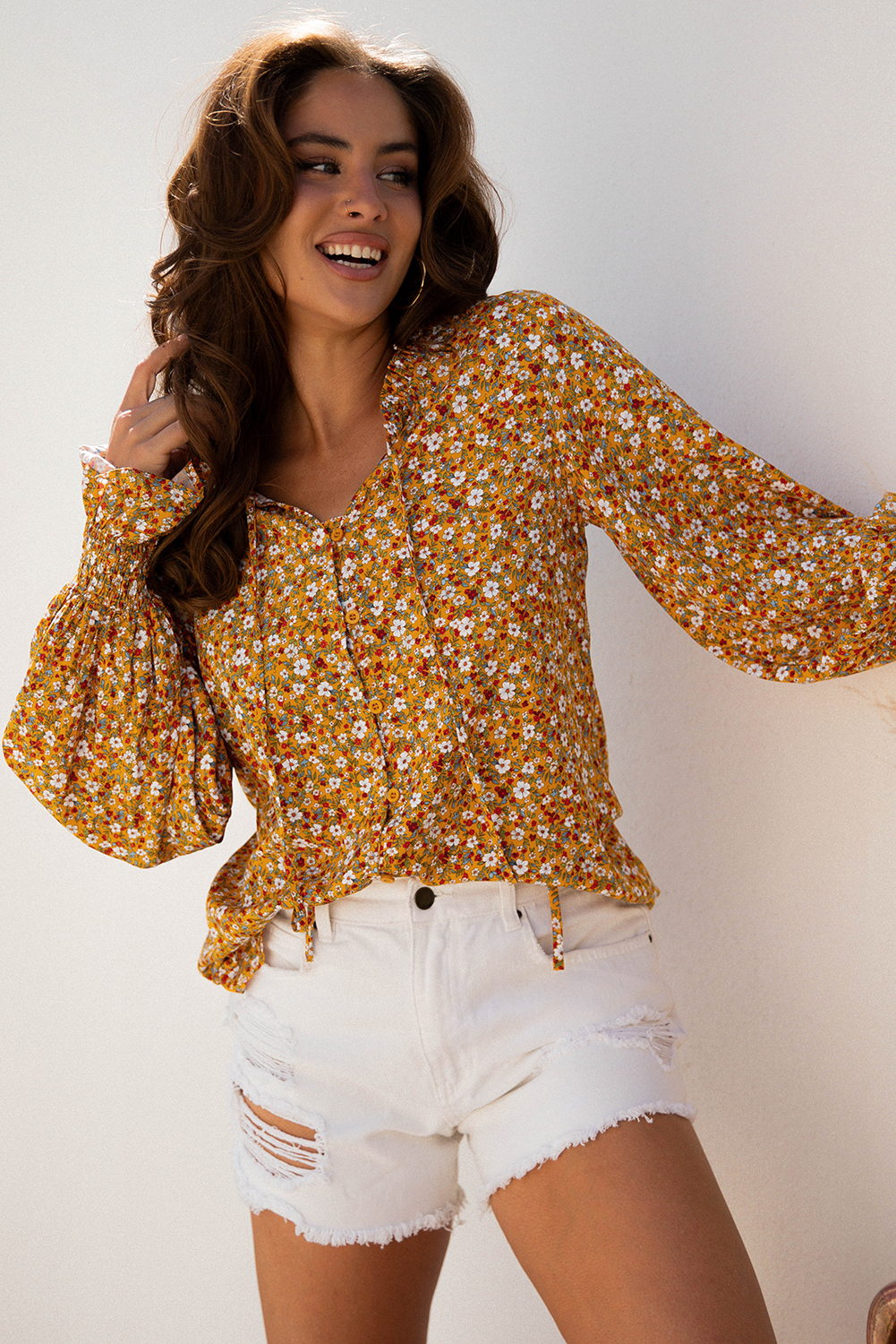 Orange Boho Floral Ruffled Bubble Sleeve V Neck Fall Blouse - Image 6