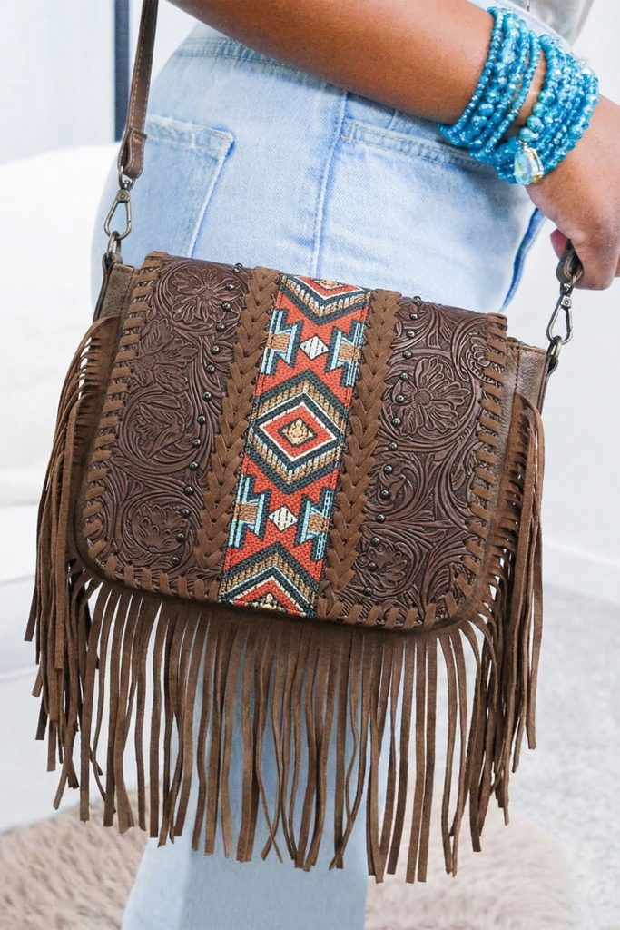 Coffee Western Aztec Bohemian Tassel PU Leather Bag