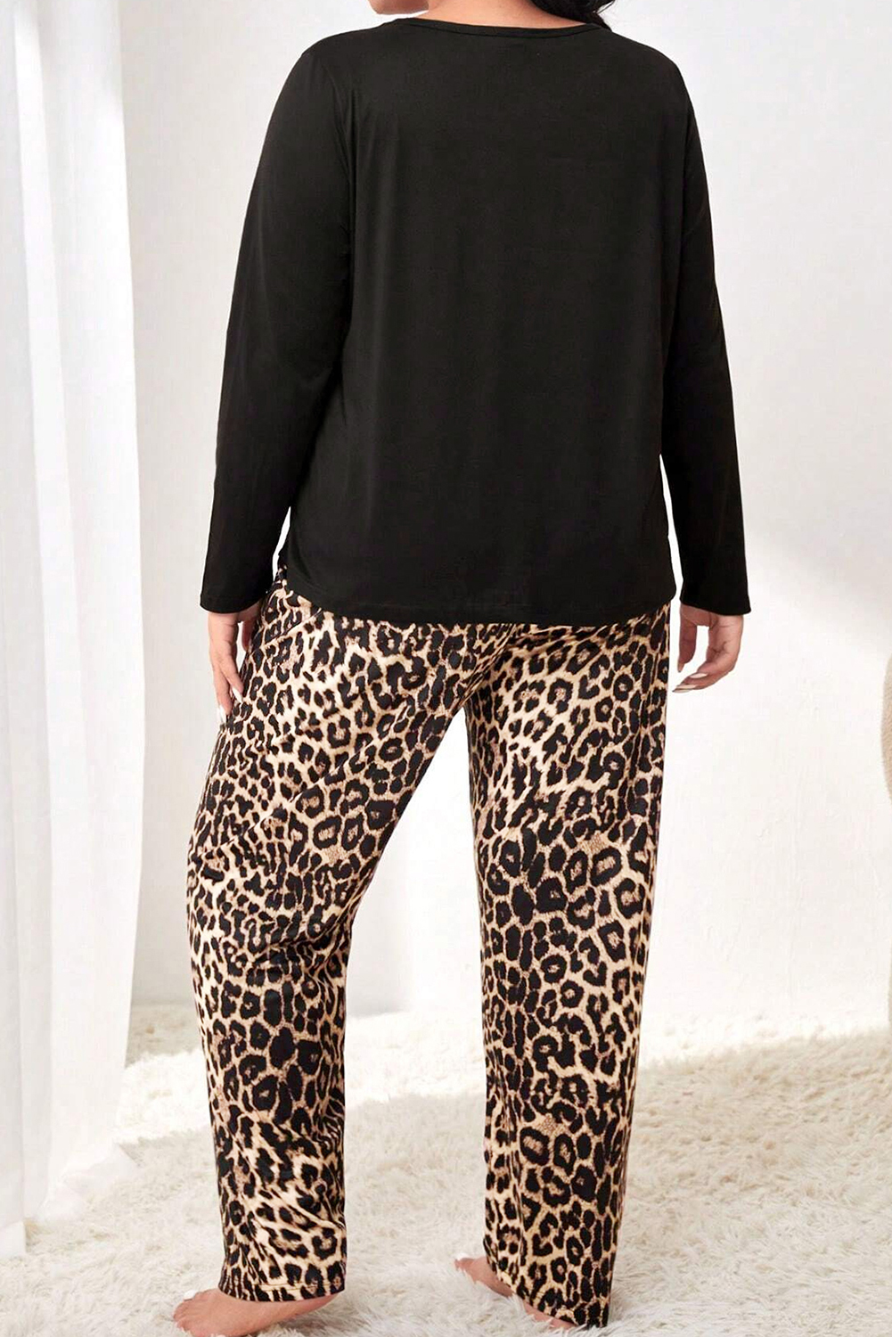 Black Leopard Patched Pocket Long Sleeve Top Plus Size Pants Set - Image 7