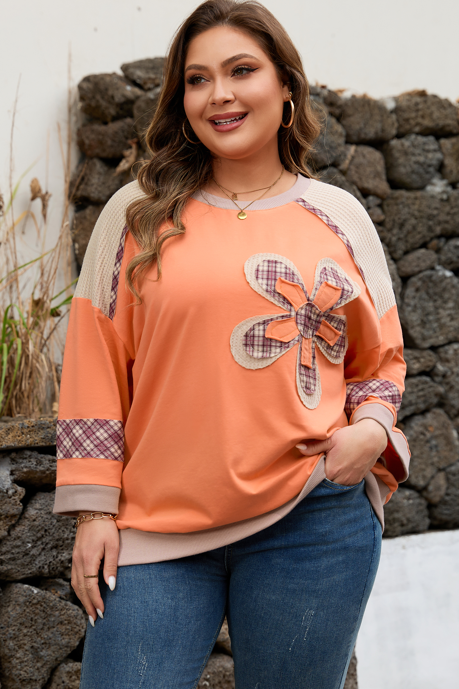 Grapefruit Orange Plaid Flower Waffle Patched Plus Size 3/4 Sleeve Top - Image 5