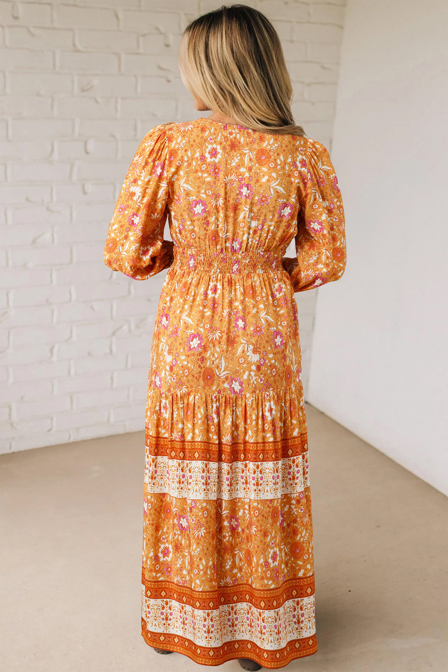Orange Floral Print Smocked Waist Long Sleeve Boho Maxi Dress - Image 4