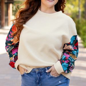 White Floral Patchwork Sleeve Textured Plus Size Pullover Top