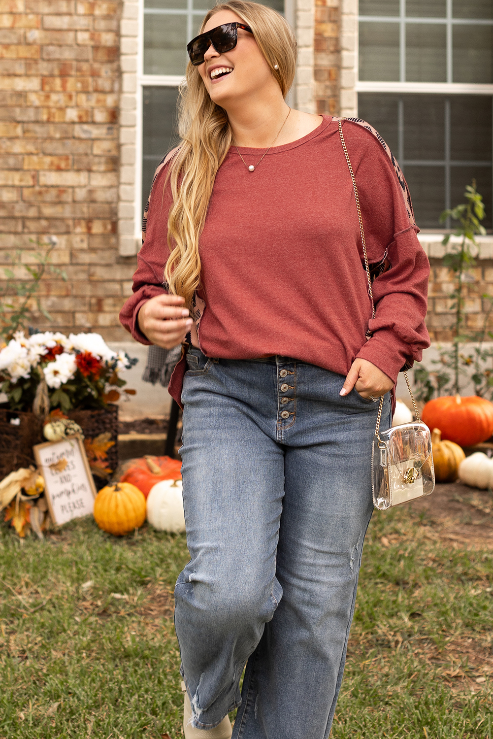 Redwood Burl Aztec Patchwork Drop Shoulder Plus Size High Low Sweatshirt - Image 5