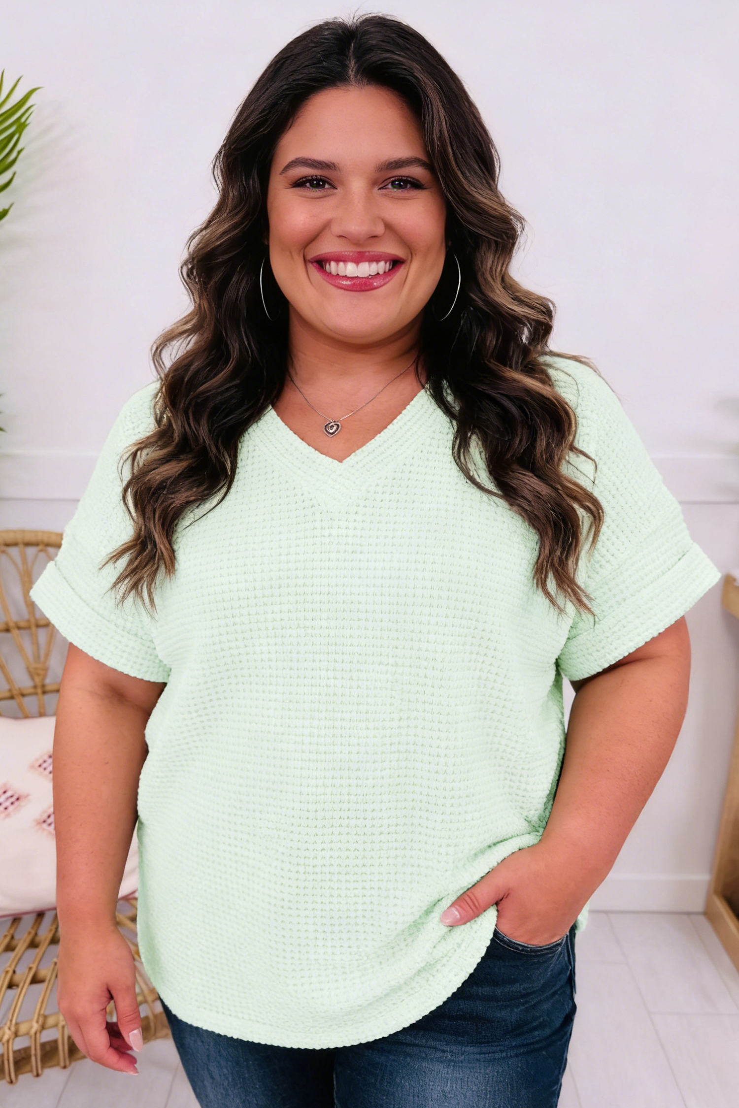 Wisteria V Neck Short Sleeve Plus Size Waffle Knit Top - Image 12