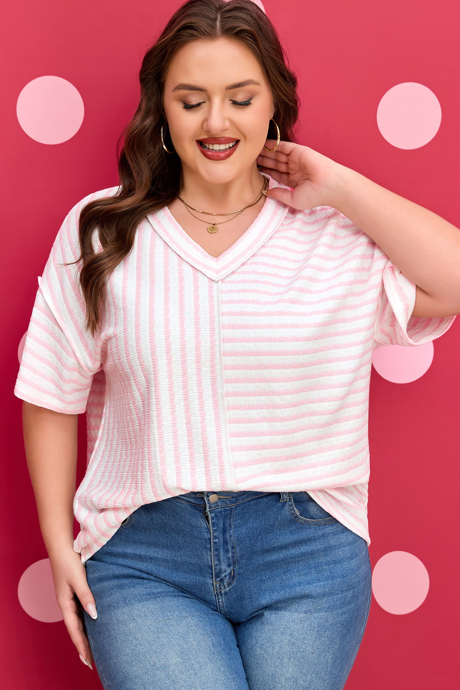 Pink Stripe Plus Size V Neck Exposed Seam Patchwork T Shirt - Image 6