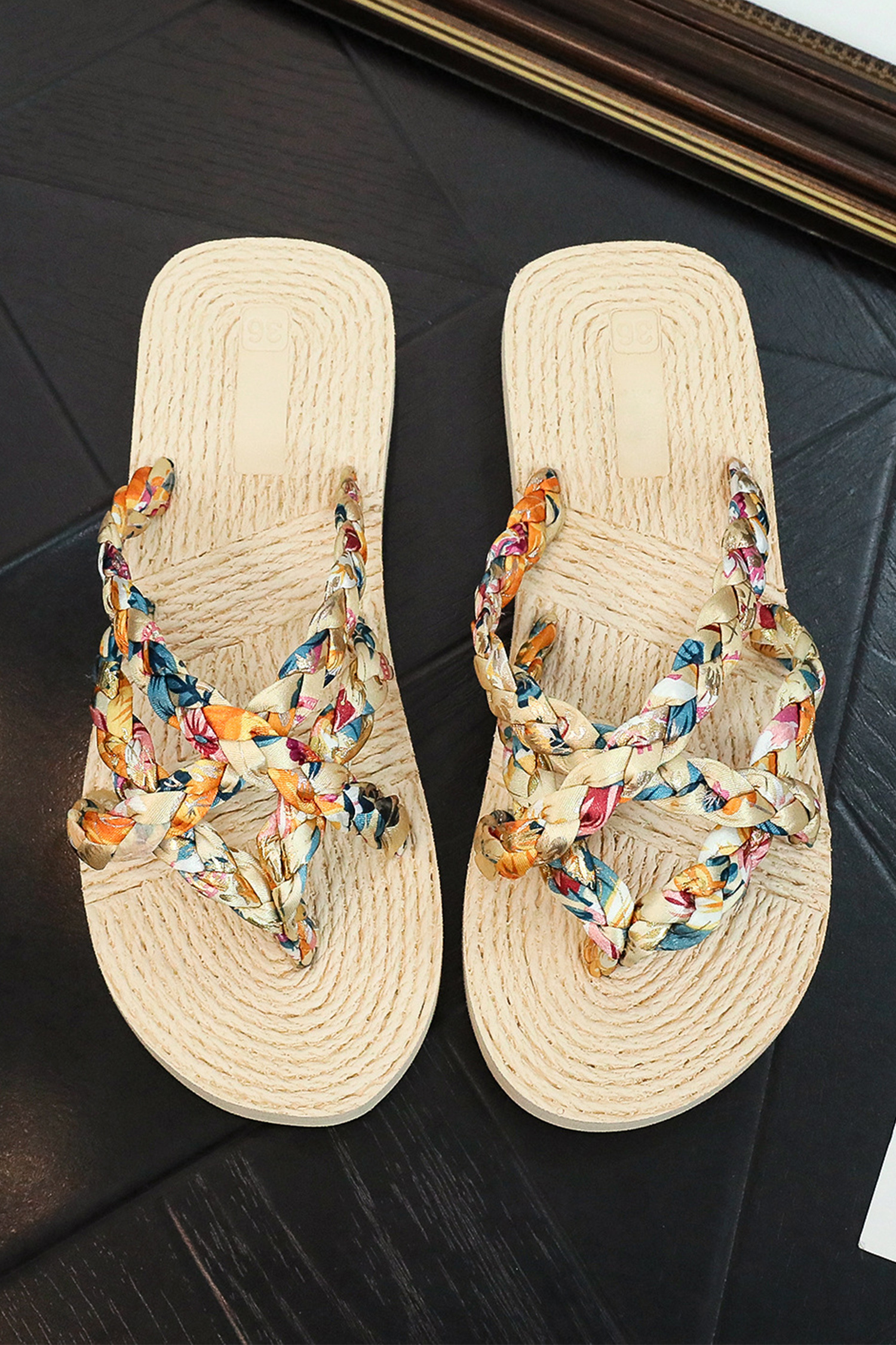 Beige Boho Printed Woven Caged Flip Flops Summer Slippers - Image 7