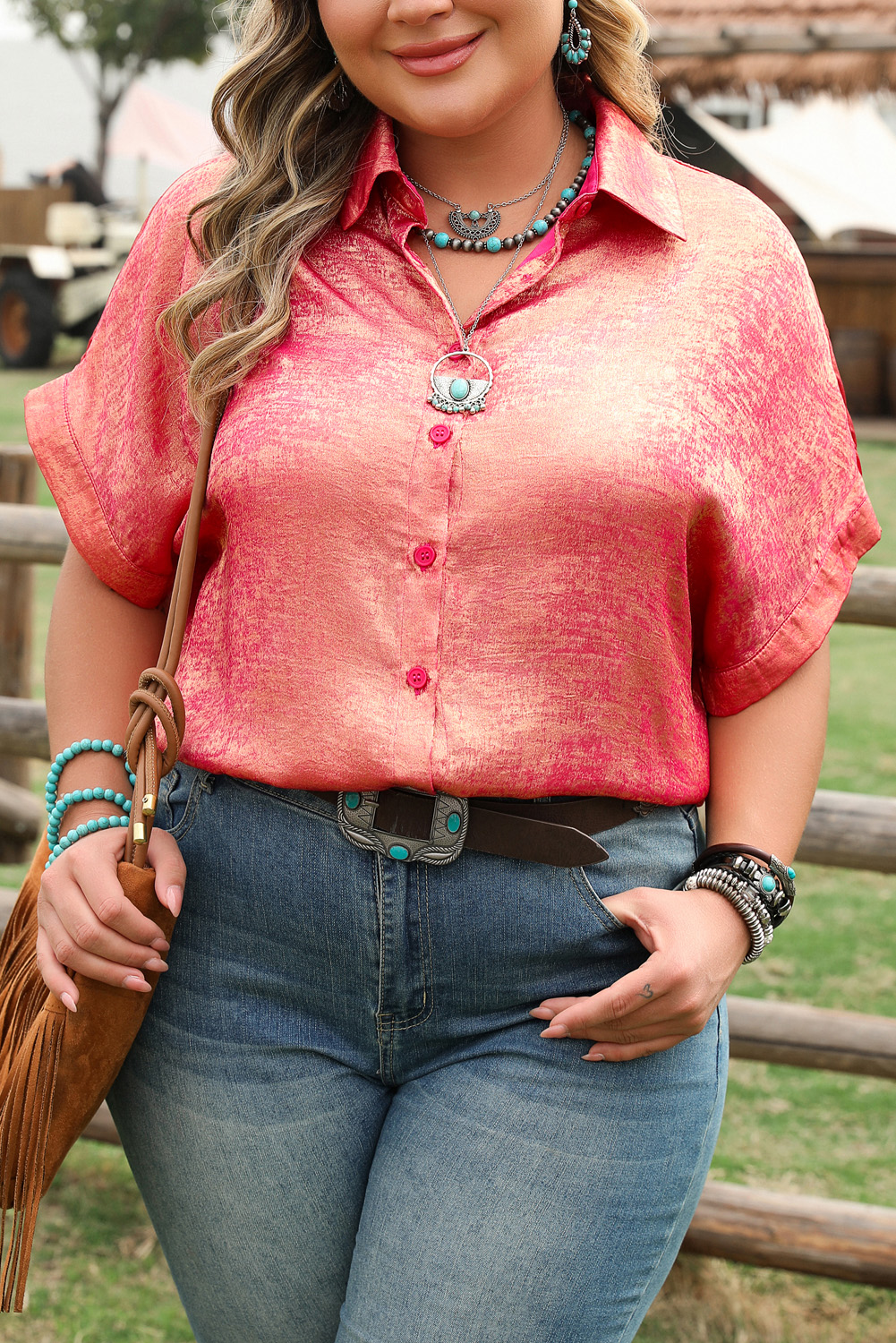 Rose Red Plus Size Metallic Sheen Short Sleeve Button Up Shirt - Image 7