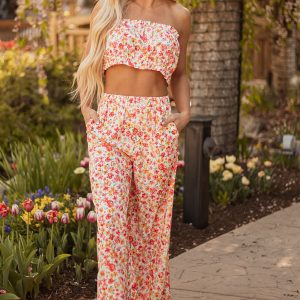 Pink Boho Floral Bandeau Top and High Waist Wide Leg Pants Set