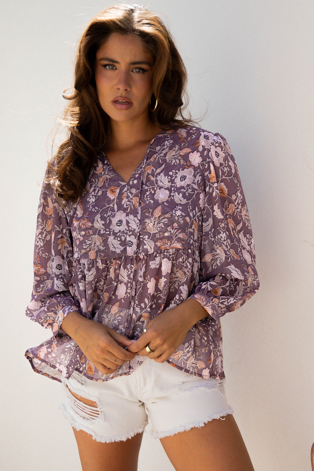 Blue Boho Flower Print 3/4 Sleeve Babydoll Blouse - Image 6
