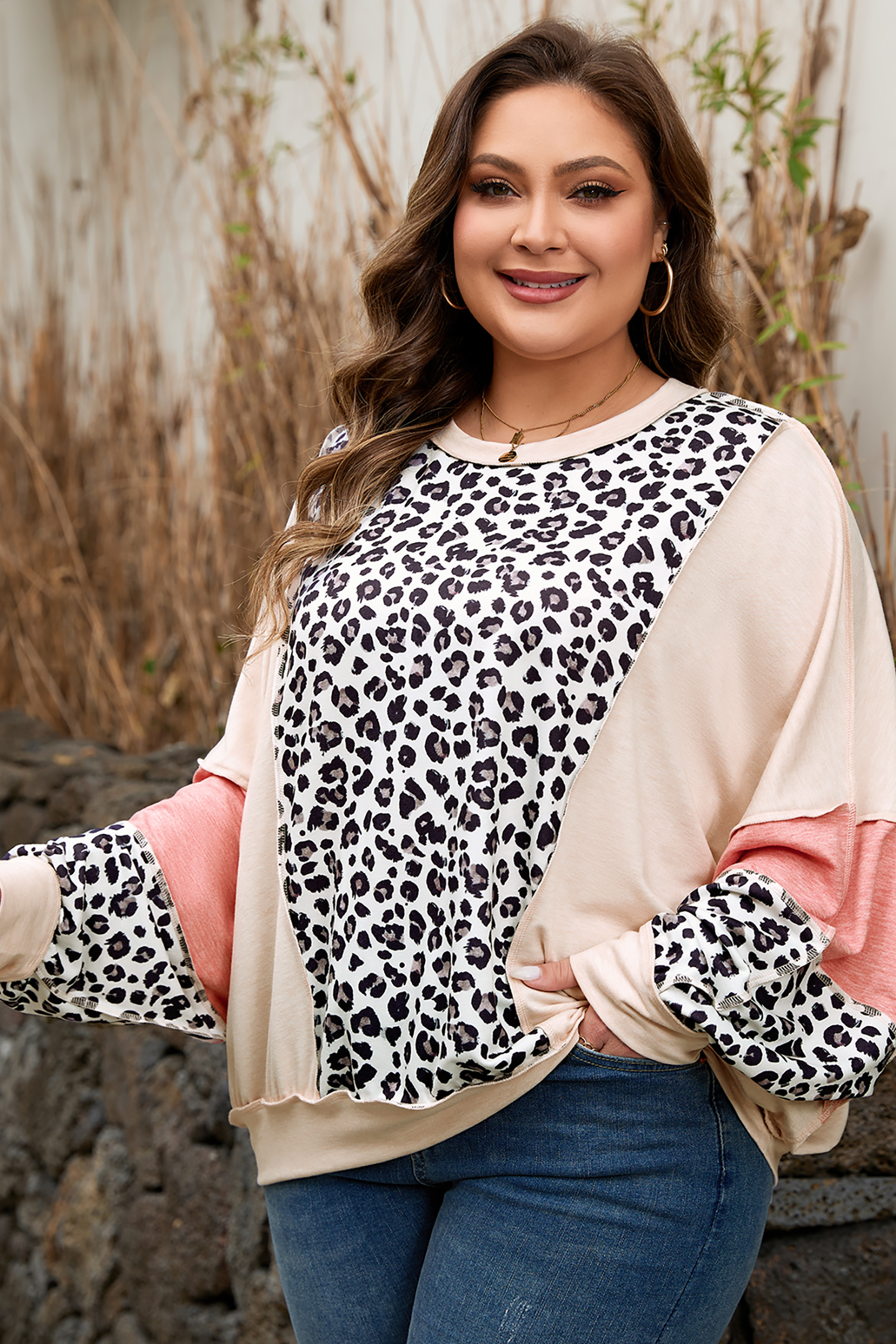 Gray Leopard Color Block Patchwork Reverse Stitch Plus Size Baggy Pullover - Image 3