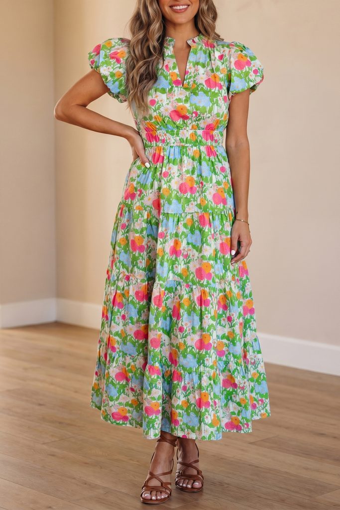 Green Floral Print V Neck Short Puff Sleeve Cotton Maxi Dress