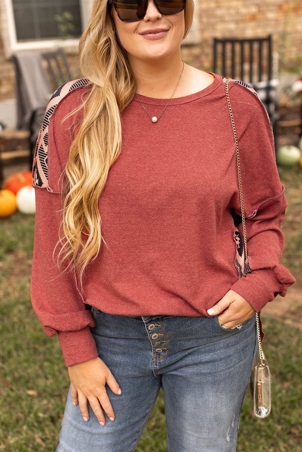 Redwood Burl Aztec Patchwork Drop Shoulder Plus Size High Low Sweatshirt - Image 6