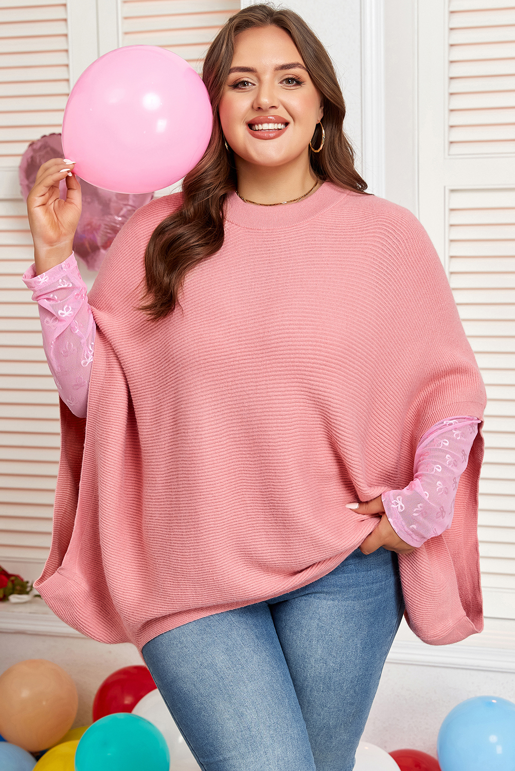 Light Pink Ribbed Knit Half Sleeve Plus Size Poncho Style Sweater - Image 4