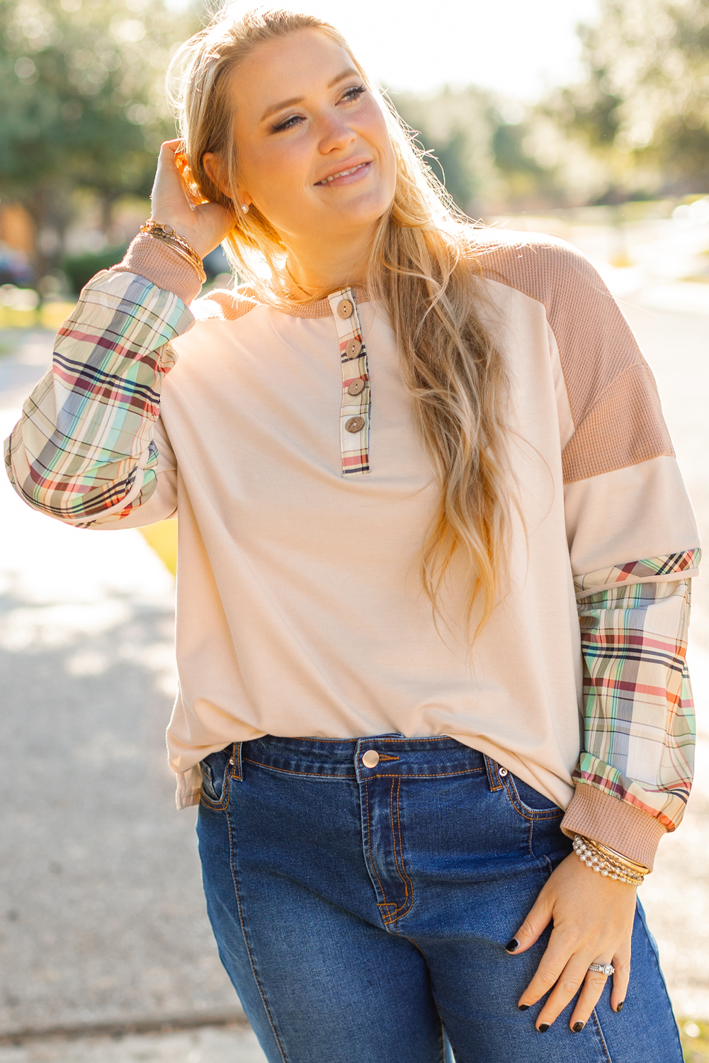 Parchment Plus Size Plaid Patchwork Layered Henley Top - Image 6