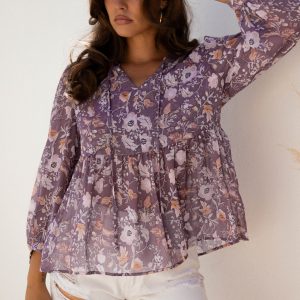 Blue Boho Flower Print 3/4 Sleeve Babydoll Blouse