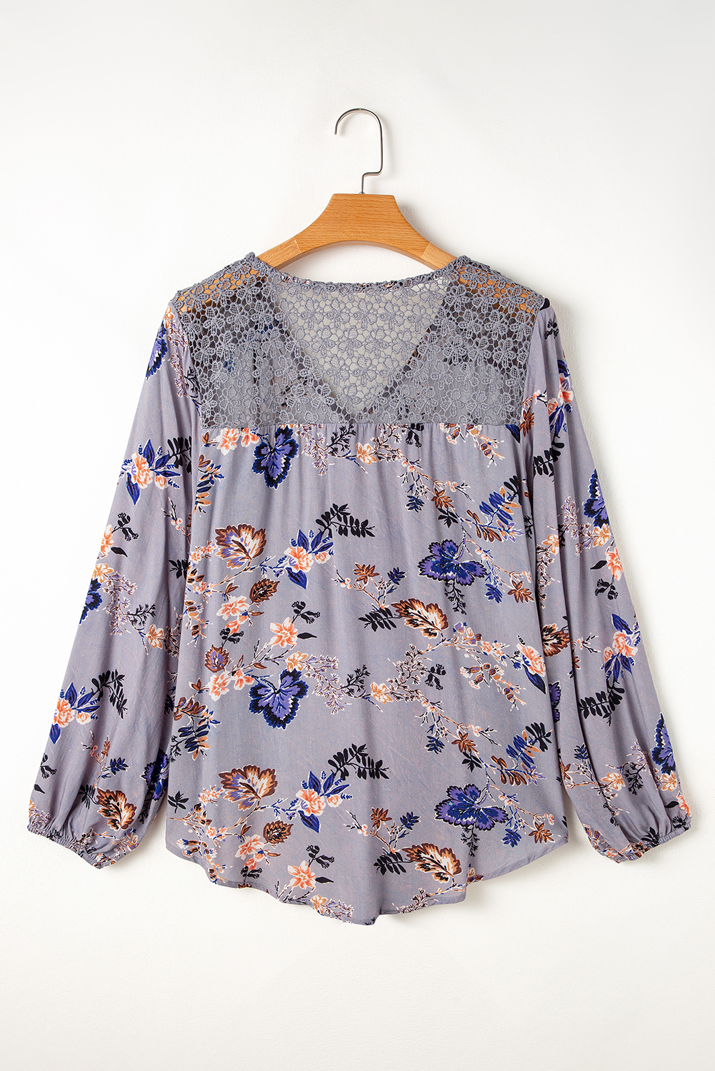 Sky Blue Floral Print Lace Patchwork Knot Front V Neck Blouse - Image 5
