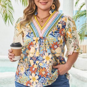 Multicolour Plus Size Floral Print Woven V Neck Half Sleeve Blouse