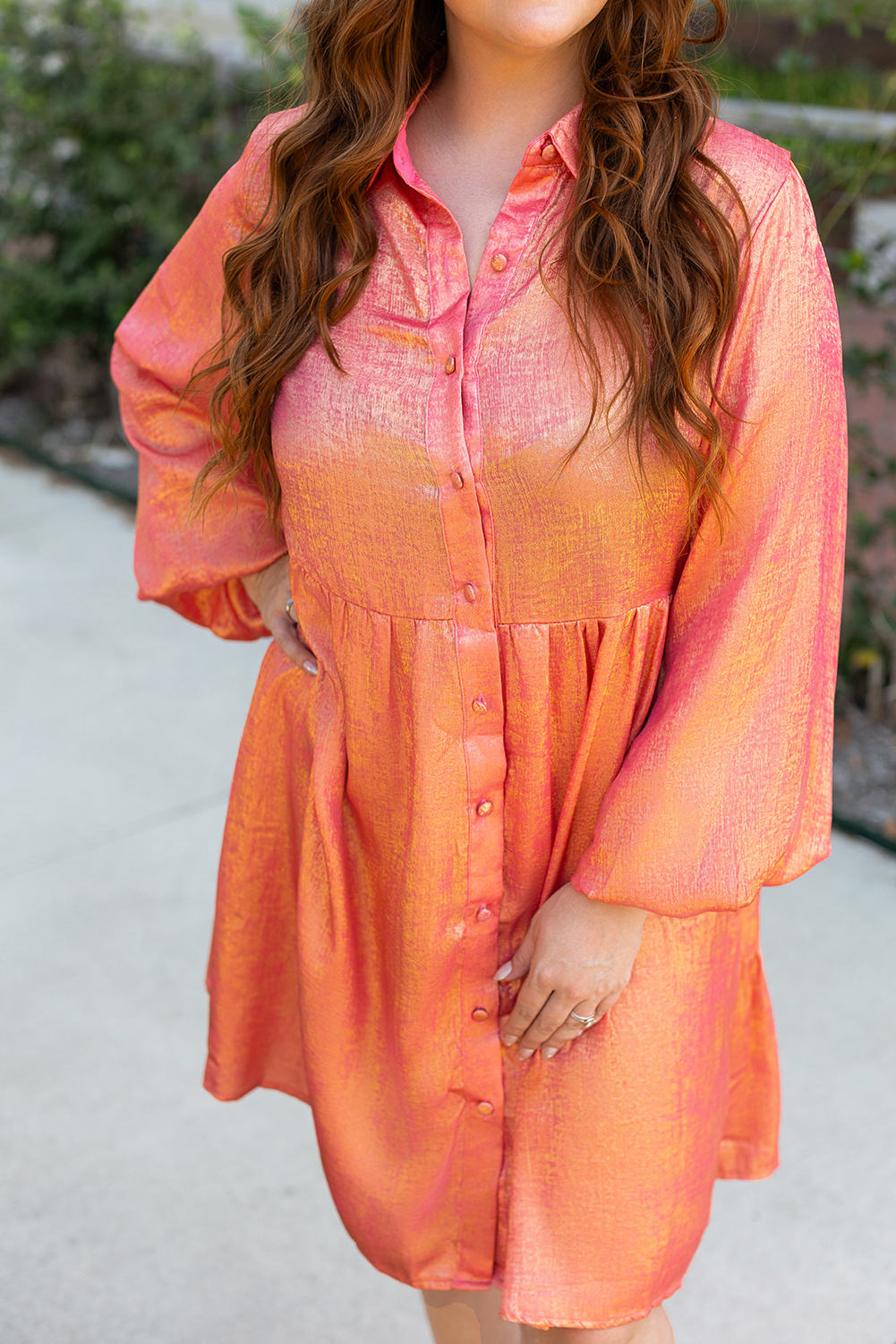 Peach Blossom Metallic Balloon Sleeve Shirt Plus Size Mini Dress - Image 8