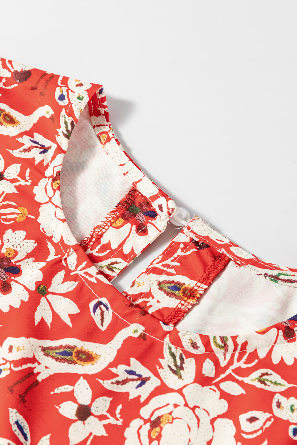 Red Colorful Floral Patchwork Long Sleeve Pleated Mini Dress - Image 7