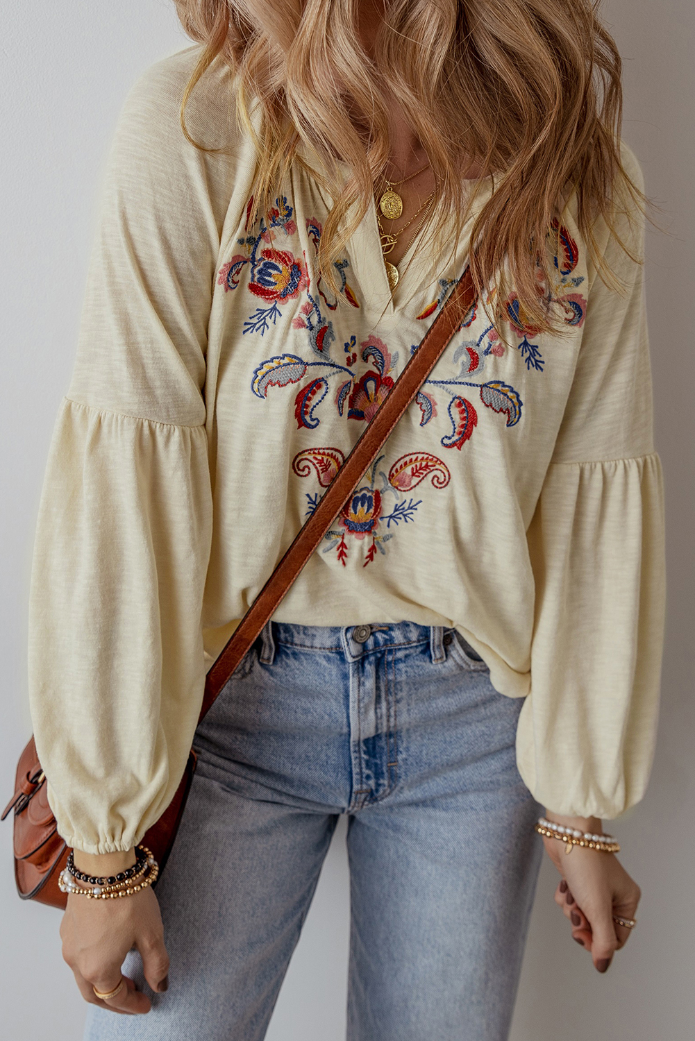 Apricot Paisley Floral Embroidered Notch V Neck Blouse - Image 4