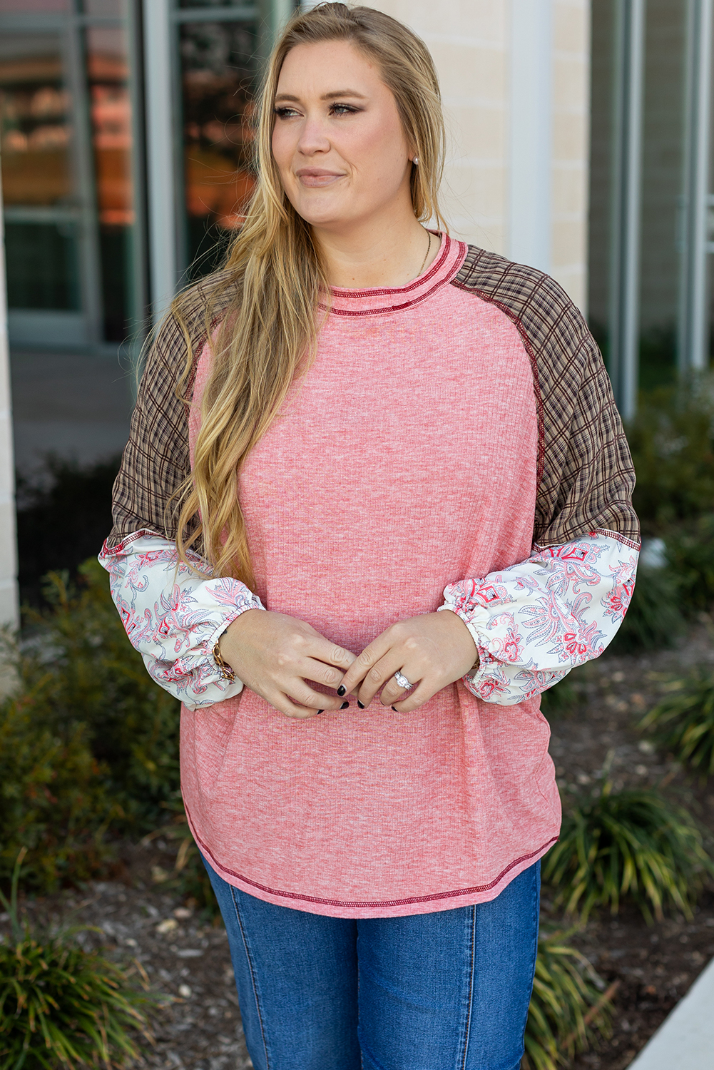 Pink Checkered Paisley Patchwork Raglan Sleeve Seamed Plus Size Top - Image 5