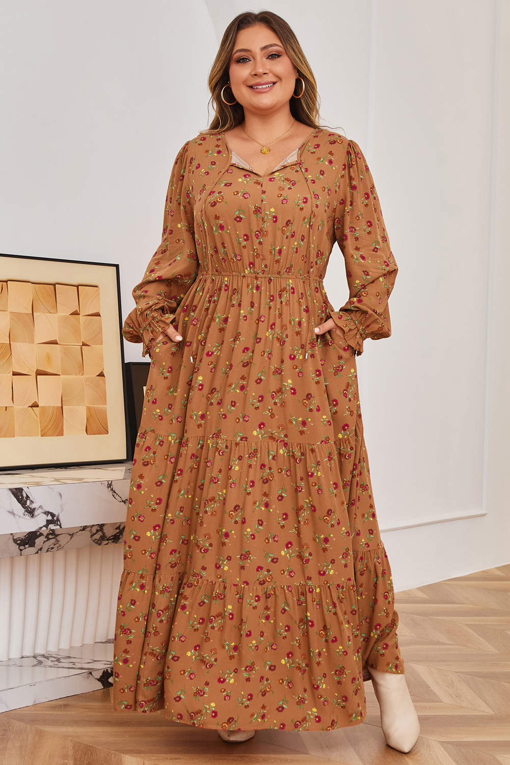 Brown Plus Size Floral Split V Neck Ruffled Sleeve Tiered Maxi Dress - Image 4