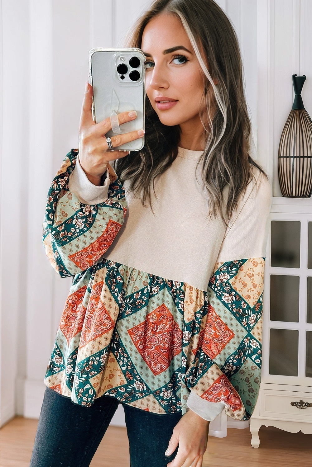 Jet Stream Paisley Geometric Patchwork Crew Neck Loose Fit Top - Image 3