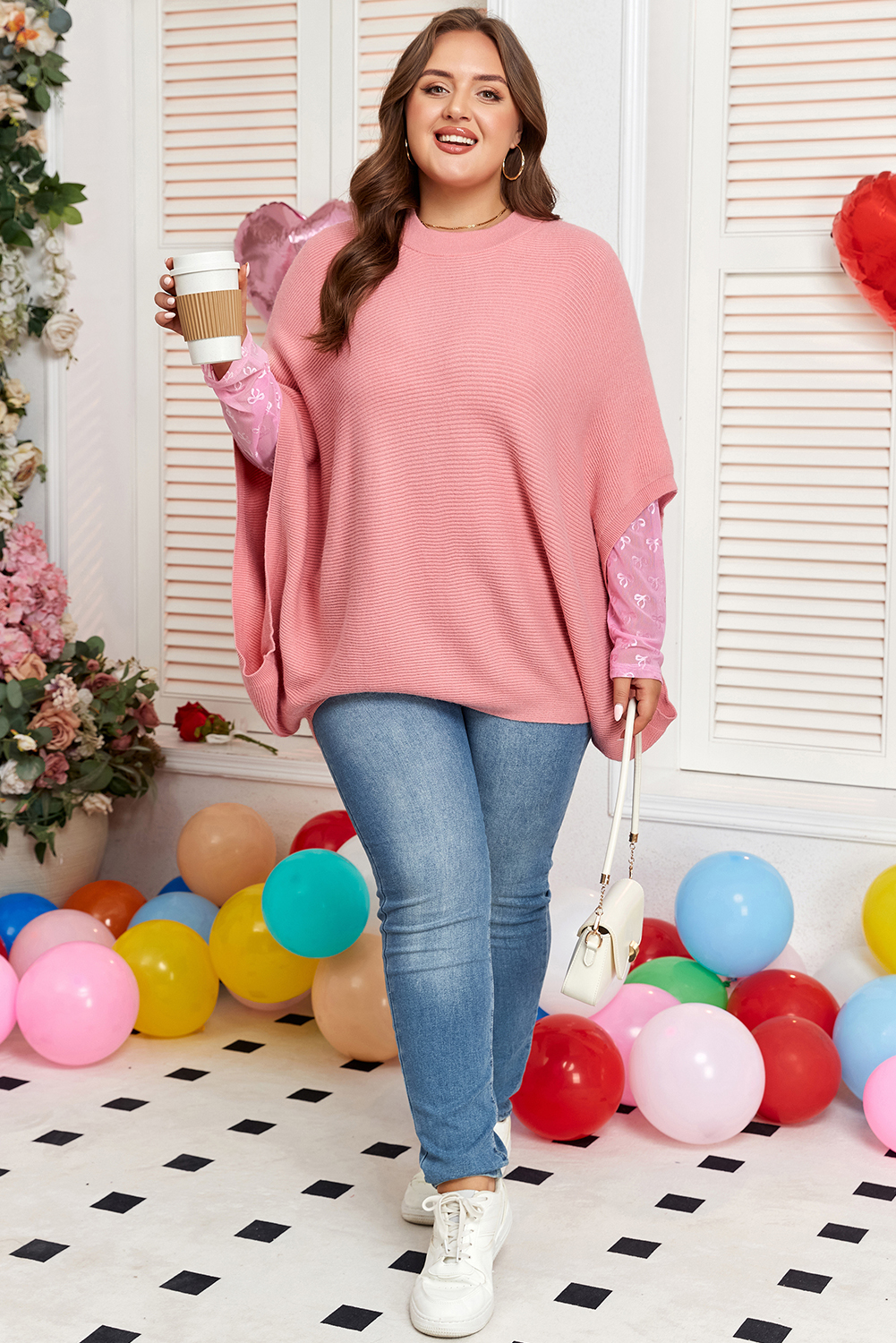 Light Pink Ribbed Knit Half Sleeve Plus Size Poncho Style Sweater - Image 6