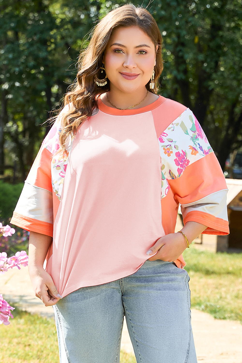 Orange Plus Size Floral Print Patchwork Raglan Half Sleeve Top - Image 6