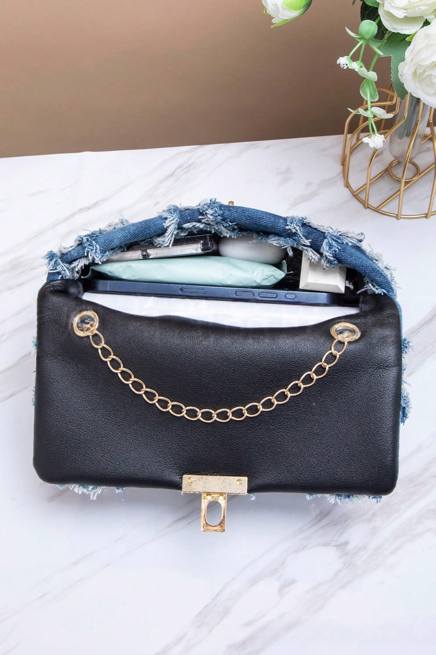 Blue Distressed Lattice Denim Chain Strap Shoulder Bag - Image 5