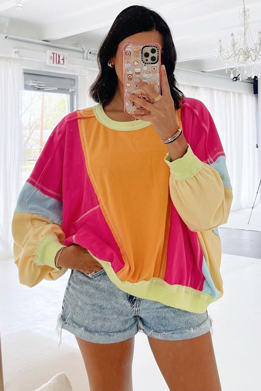 Rose Red Plus Size Colorblock Patchwork Exposed Seam Sweatshirt - Image 5