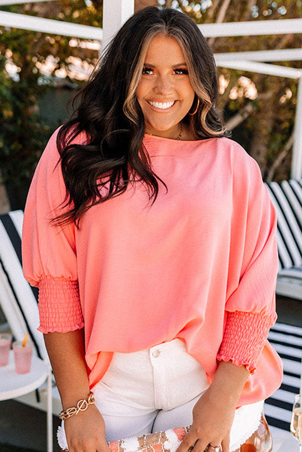 Blossom Shirred Cuffs Half Sleeve Plus Size Textured Blouse - Image 6