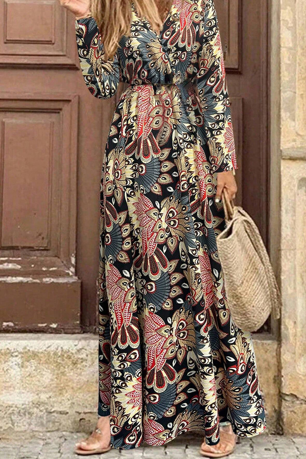 Black Floral Print V Neck Wrap High Waist Maxi Dress - Image 3