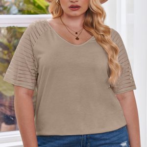 Khaki Striped Raglan Sleeve Plus Size Tee