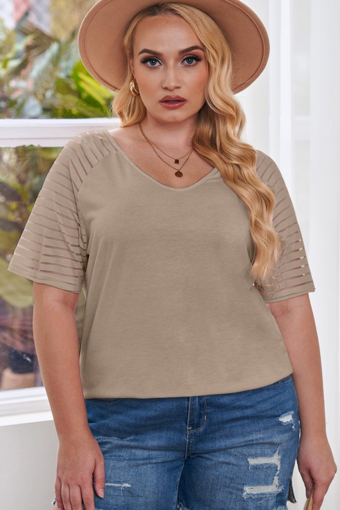 Khaki Striped Raglan Sleeve Plus Size Tee