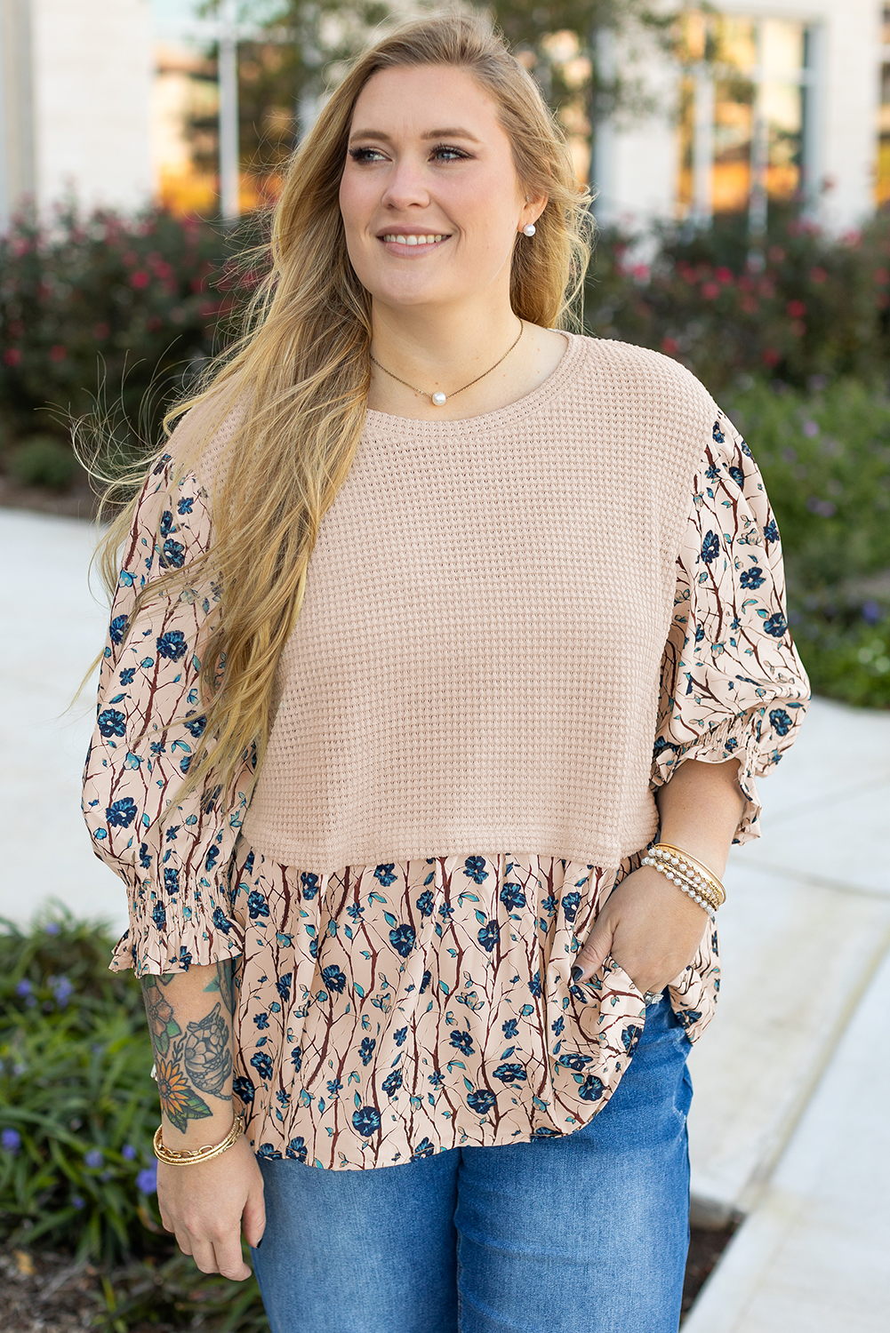 Beige Faux Two Piece Knit Patchwork Floral Print Plus Size Top - Image 5