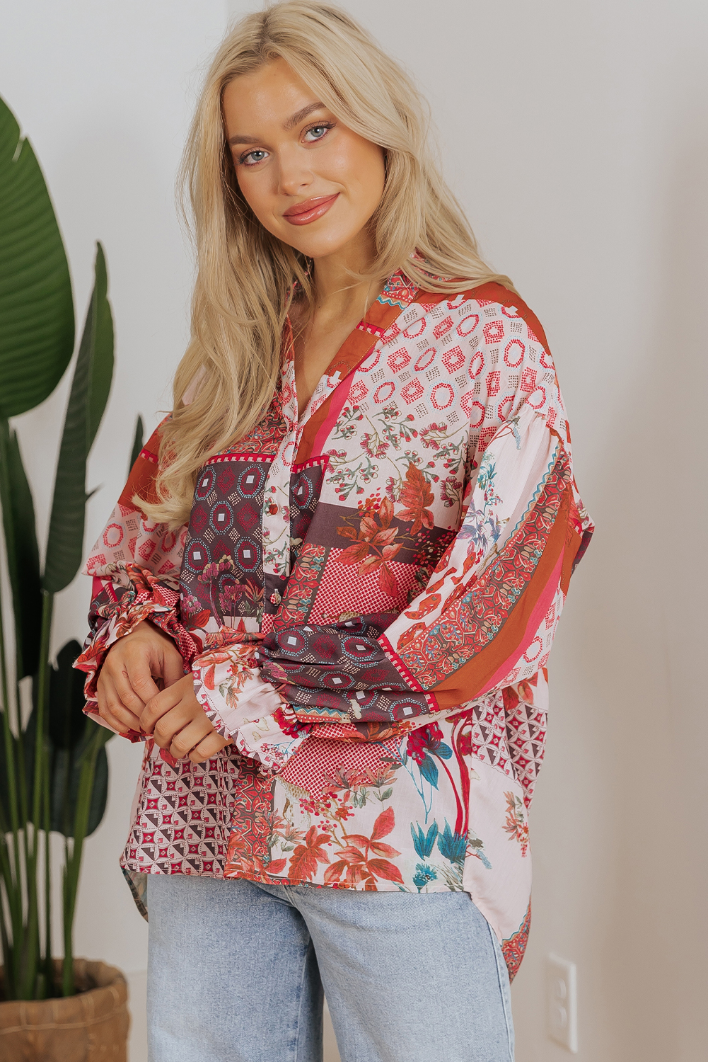 Red Boho Geometric Mixed Print Patchwork Bubble Sleeve Shirt - Image 8