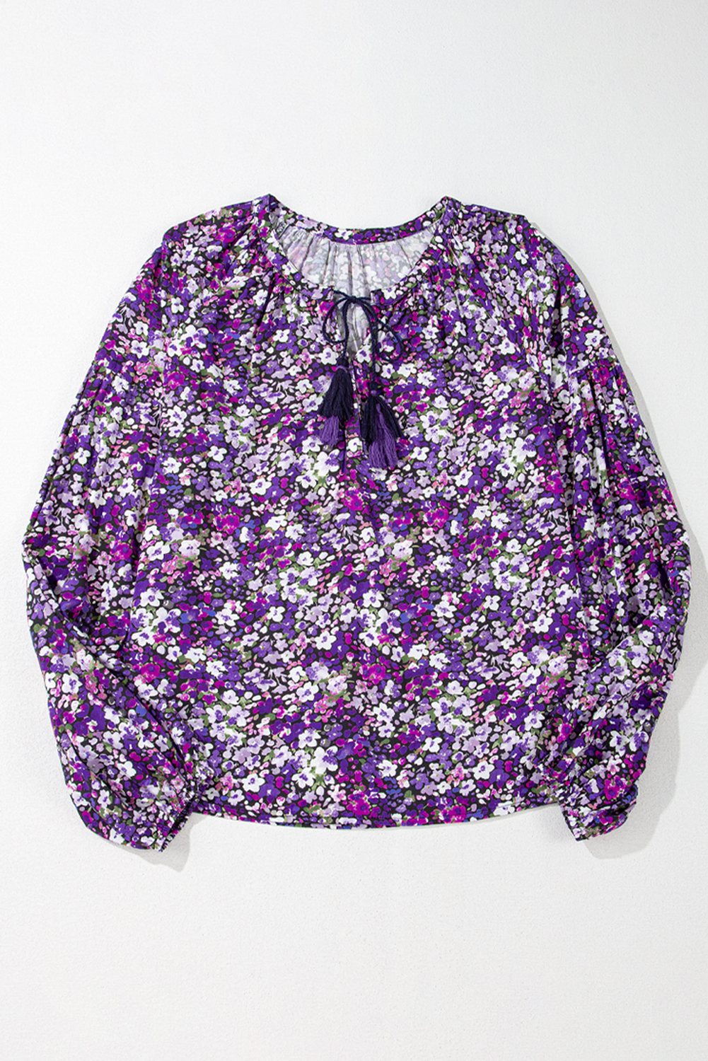 Purple Boho Flower Split V Neck Bubble Sleeve Blouse - Image 4
