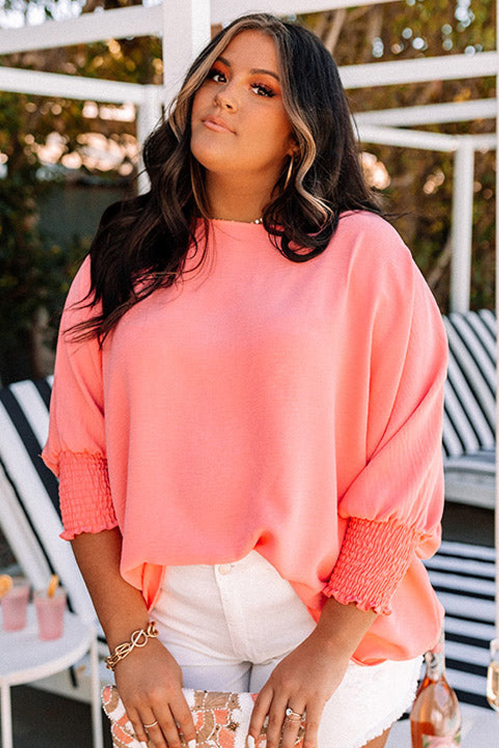 Blossom Shirred Cuffs Half Sleeve Plus Size Textured Blouse - Image 4