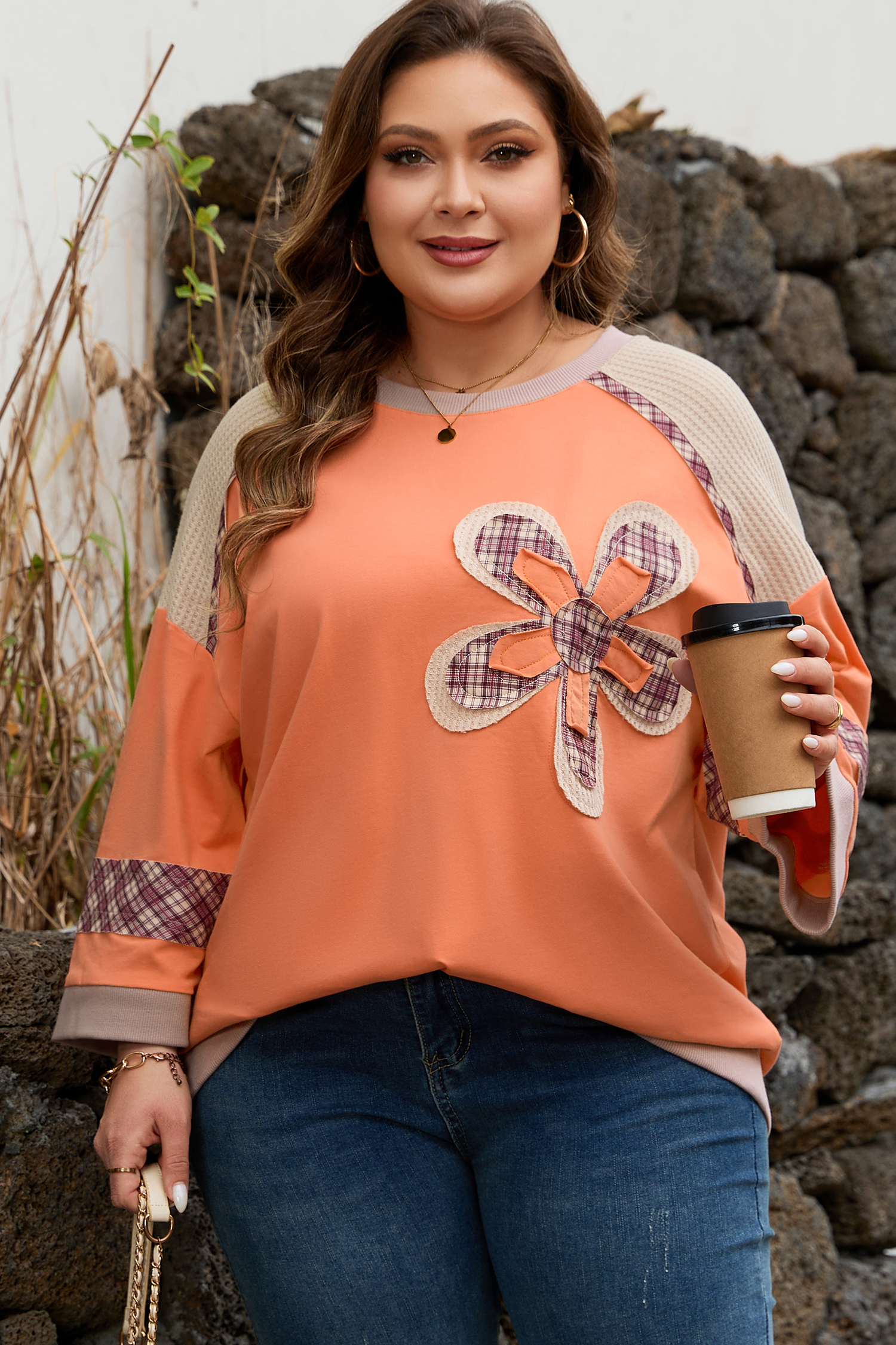 Grapefruit Orange Plaid Flower Waffle Patched Plus Size 3/4 Sleeve Top - Image 4
